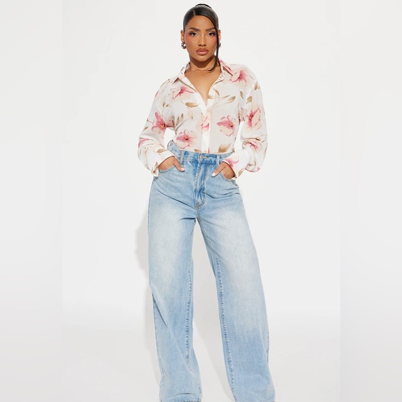 Sheer Floral Shirt - Ivory/Combo - Size Large - Picture 2 of 11